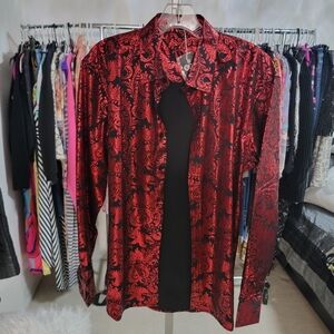 Coofandy Mens Black Red Paisley Print Long Sleeve Button Up Shirt Size Small